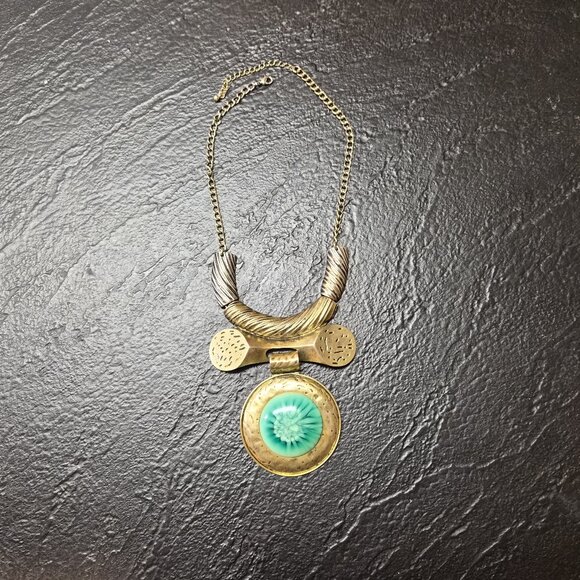 Vintage 1980s Brass Resin Statement Necklace Boho Tribal Maximalist - Picture 2 of 4